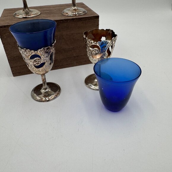 4 VTG American Cut Crystal Cobalt Blue Cordial Glasses Filligree Silverplate - Picture 7 of 9